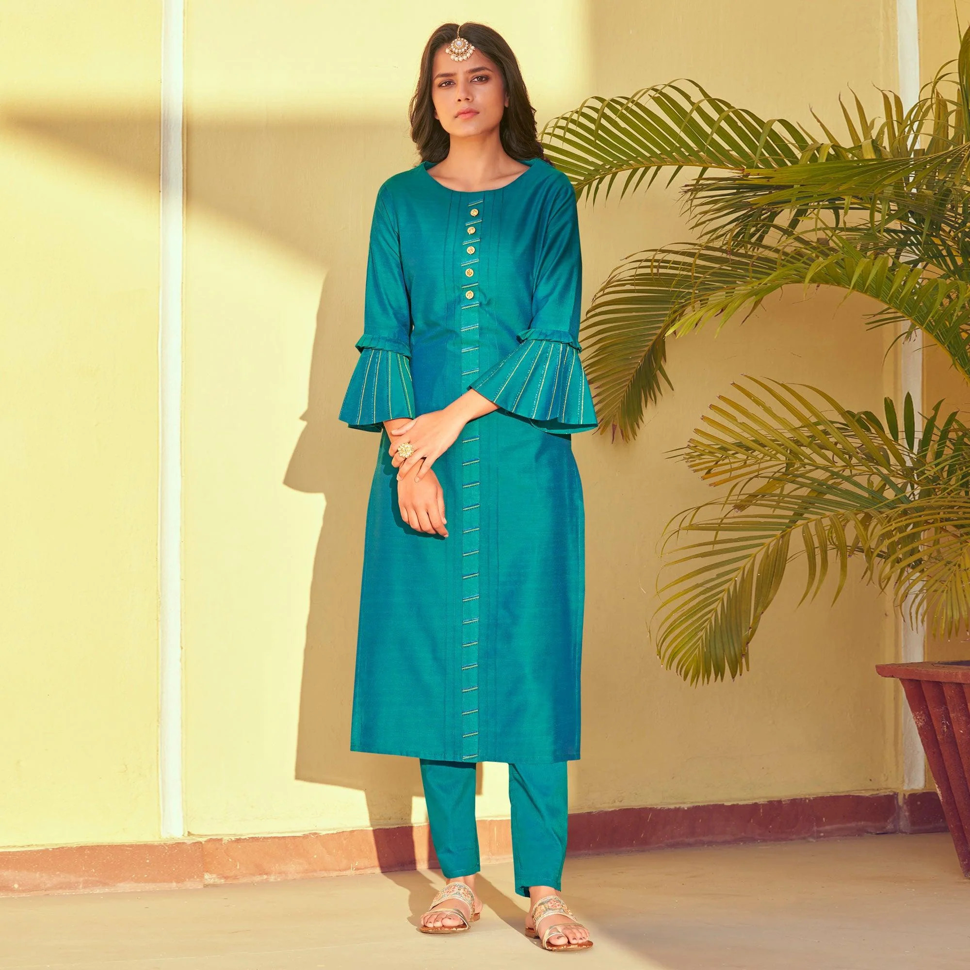 Blue Embroidered Art Silk Kurti Pant Set