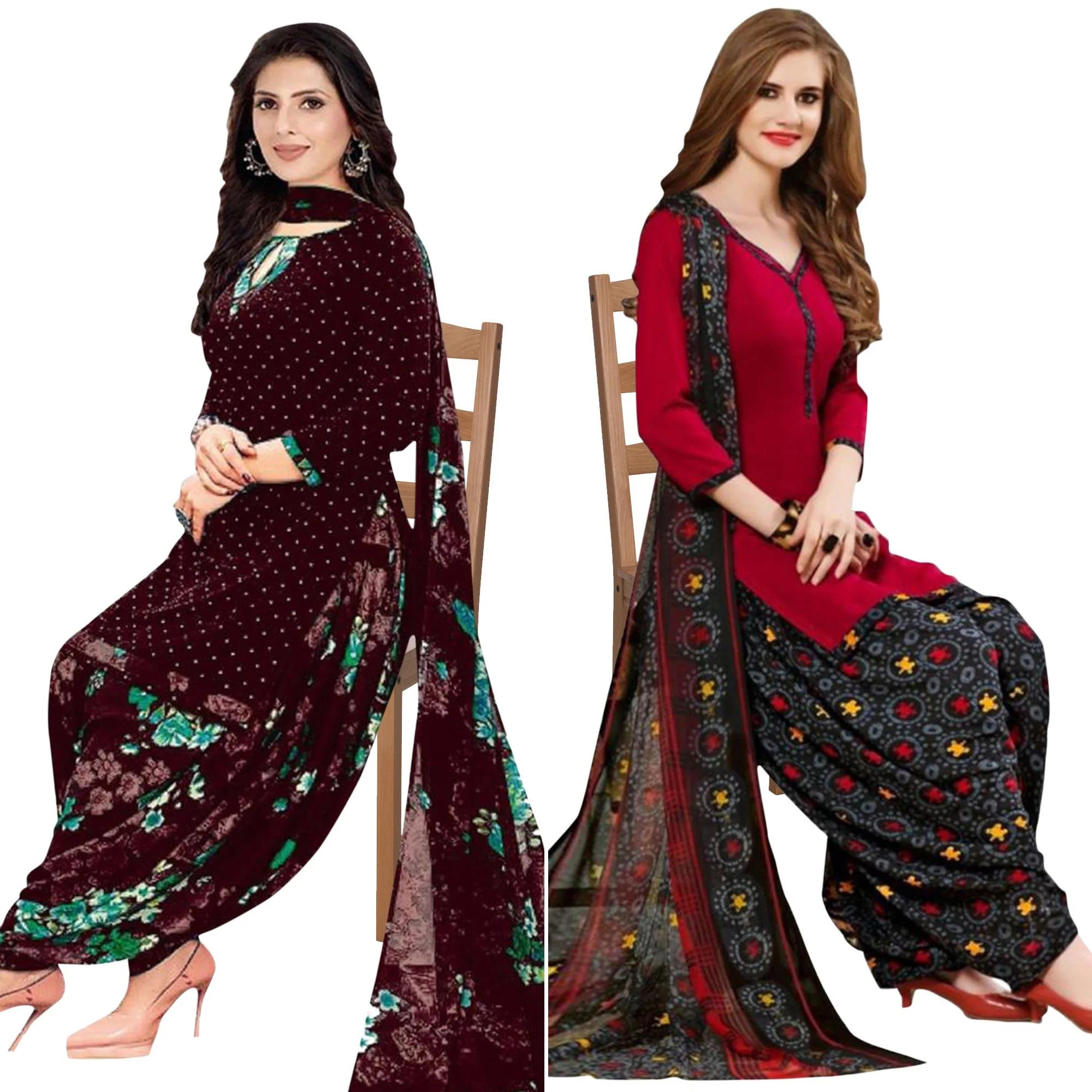 Wine And Red Patiala Crepe Dress Material Pack Of 2