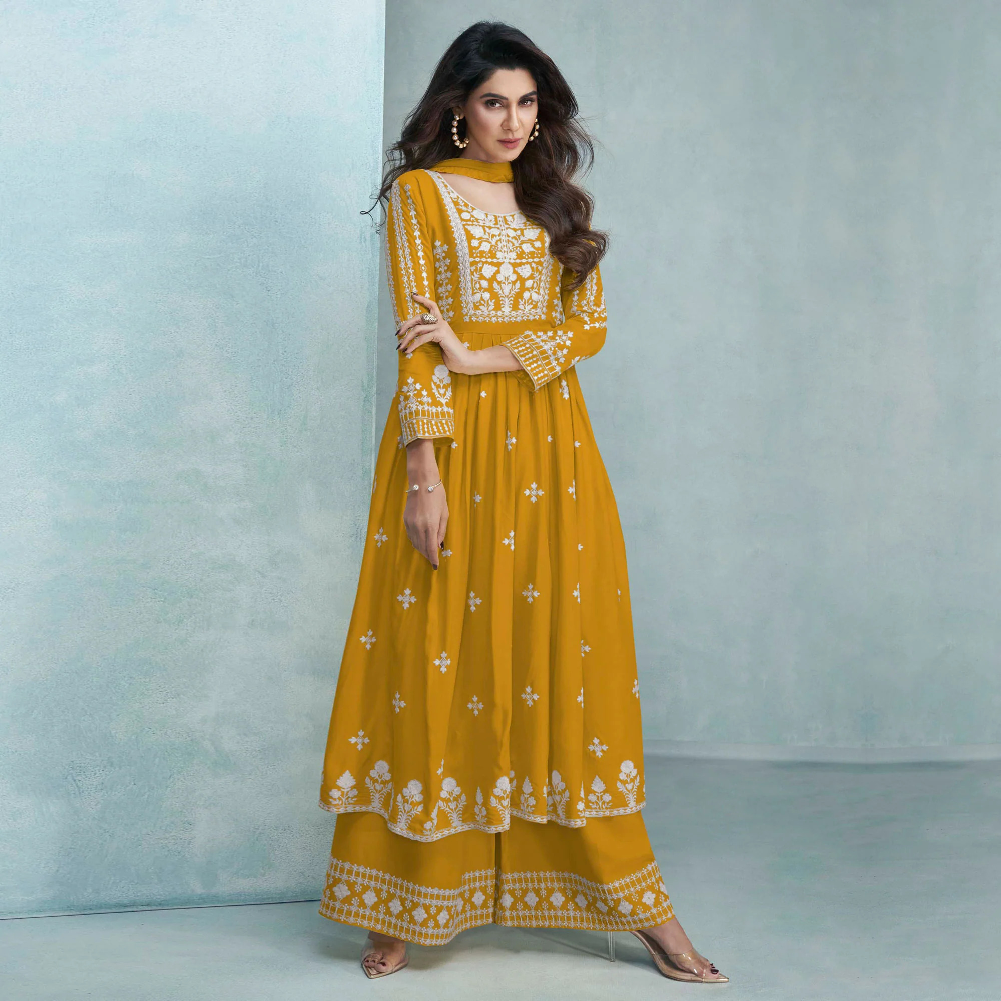 Mustard Lucknowi Embroidered Rayon Palazzo Suit