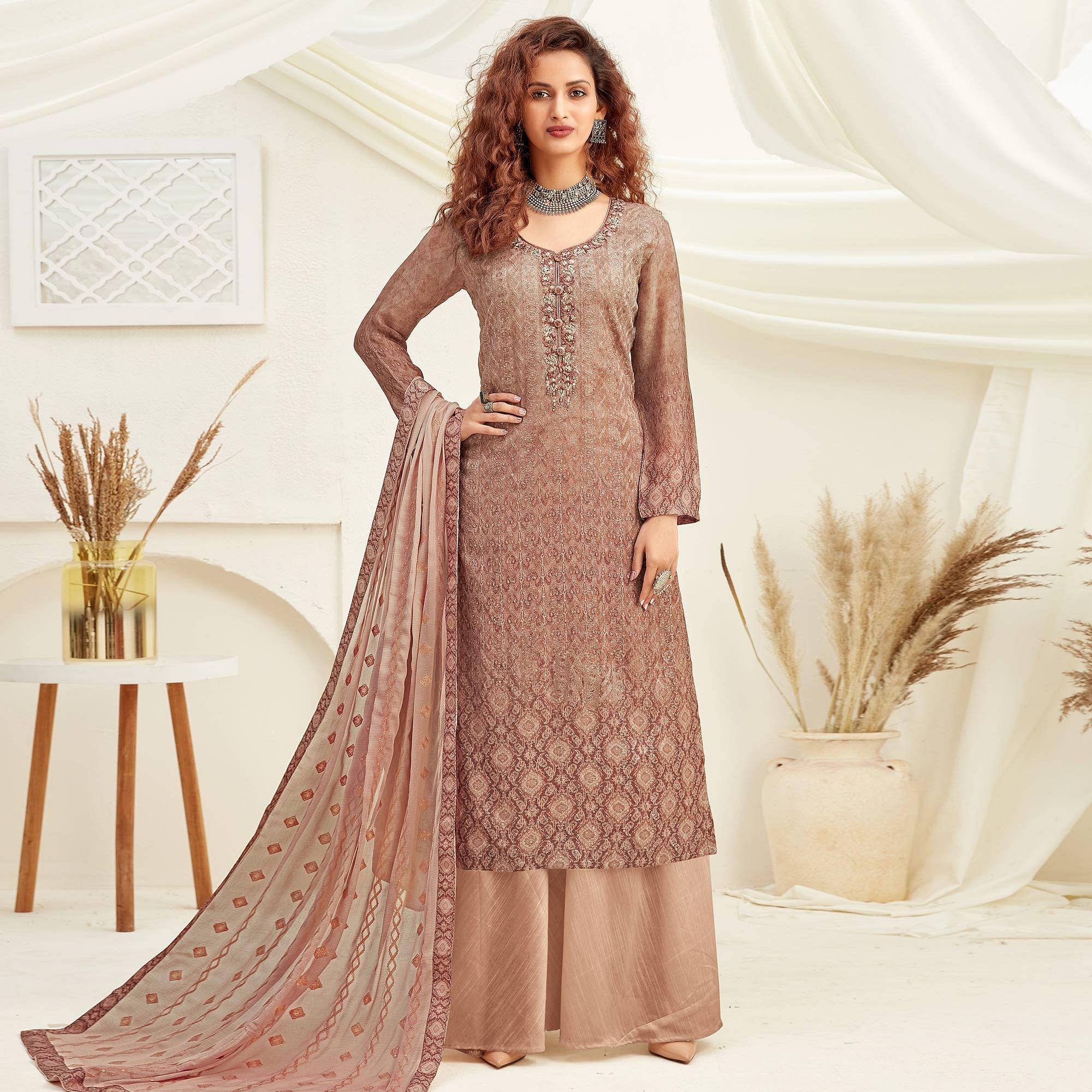 Radiant light brwon Colored Embroidered With Digital Printed Partywear Pure Viscose Chinnon Chiffon Palazzo Suit